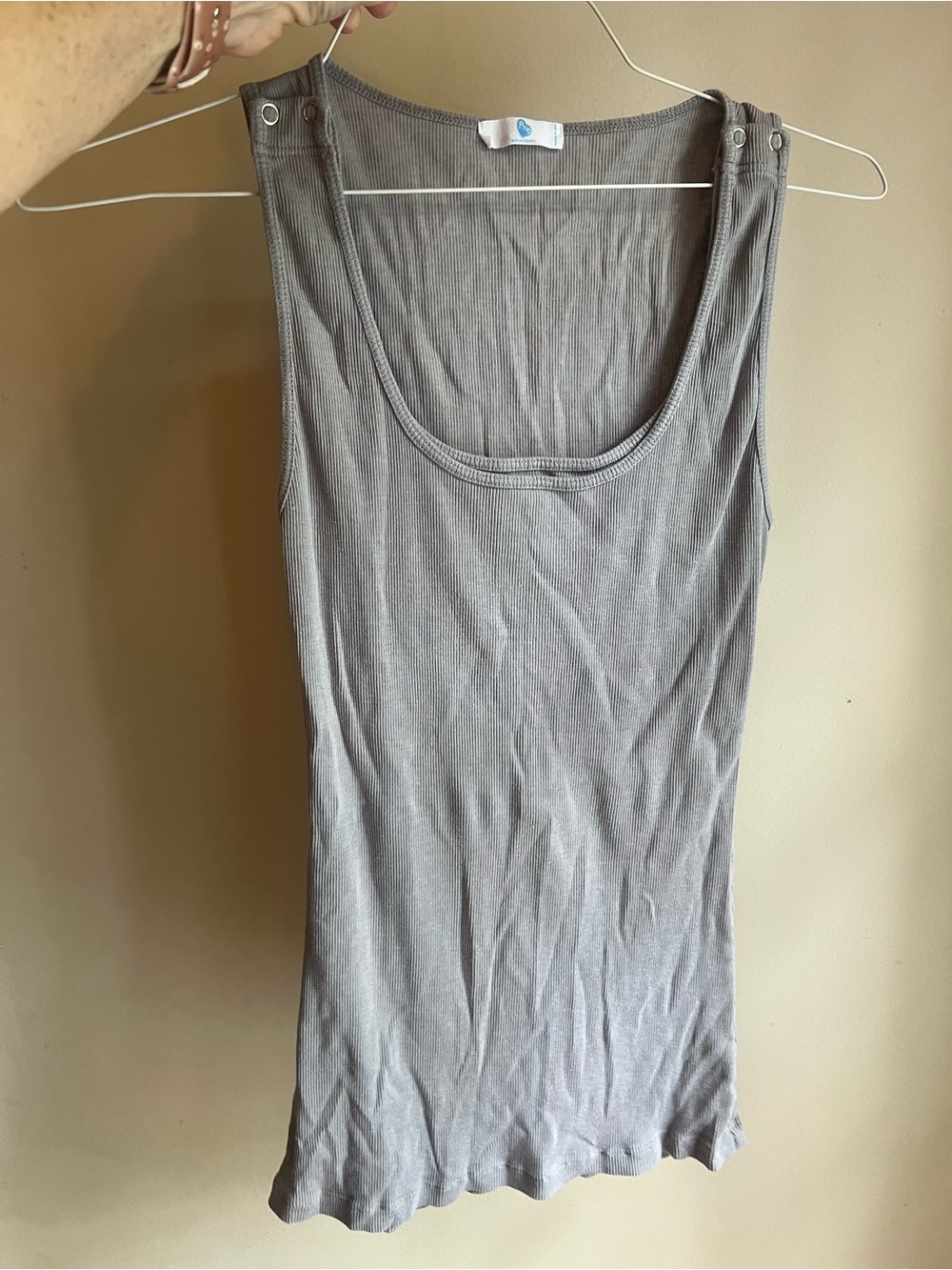 Bun nursing tank in Light Grey Ribbed Tank with Shoulder Button Detail
